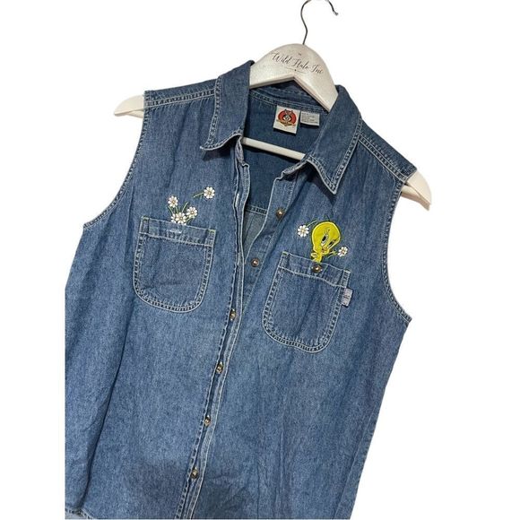 Looney Tunes Vintage Sleeveless Denim Top 90’s Tweety Bird Medium EUC - Picture 4 of 12